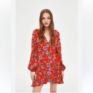 Zara Floral Red Deep V-neck Long Sleeve Wrap Dress Large